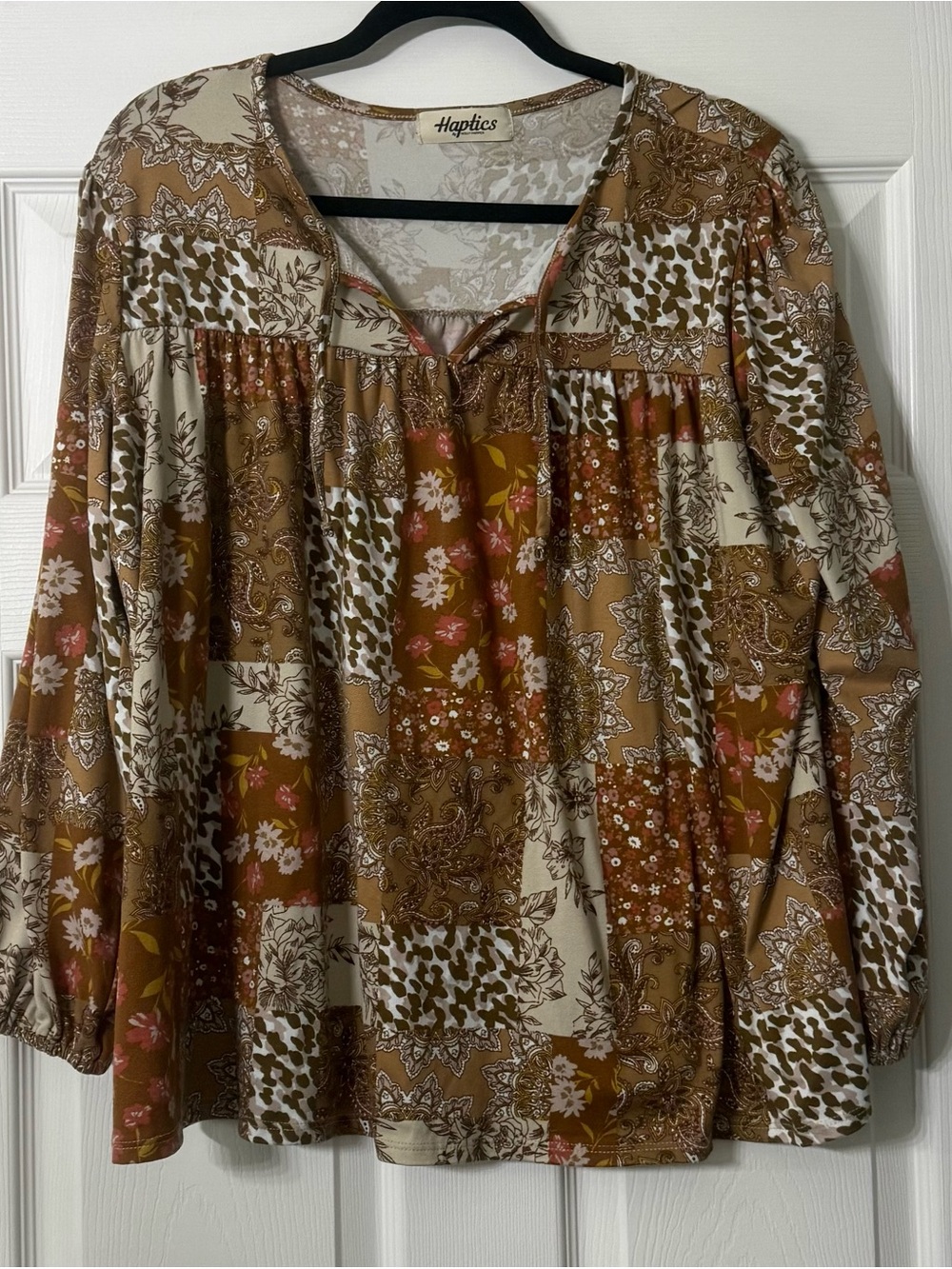 Haptics Brown & Cream Patchwork Floral Peasant Tunic